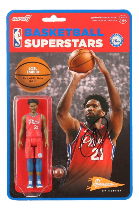 The Sports Integrity Joel Embiid Signed Philadelphia 76ers Supersports 4" Action Figure (JSA) features Embiid in a red Sixers jersey and comes packaged with his photo, name, and team logo.