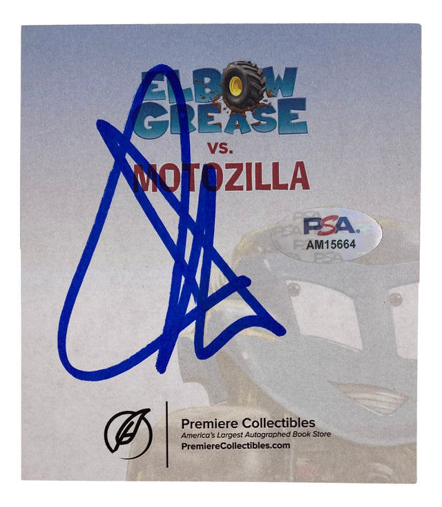 A John Cena signed 4x5 Elbow Grease vs Motozilla book insert with a bold blue autograph, PSA authentication sticker, and Sports Integrity branding.