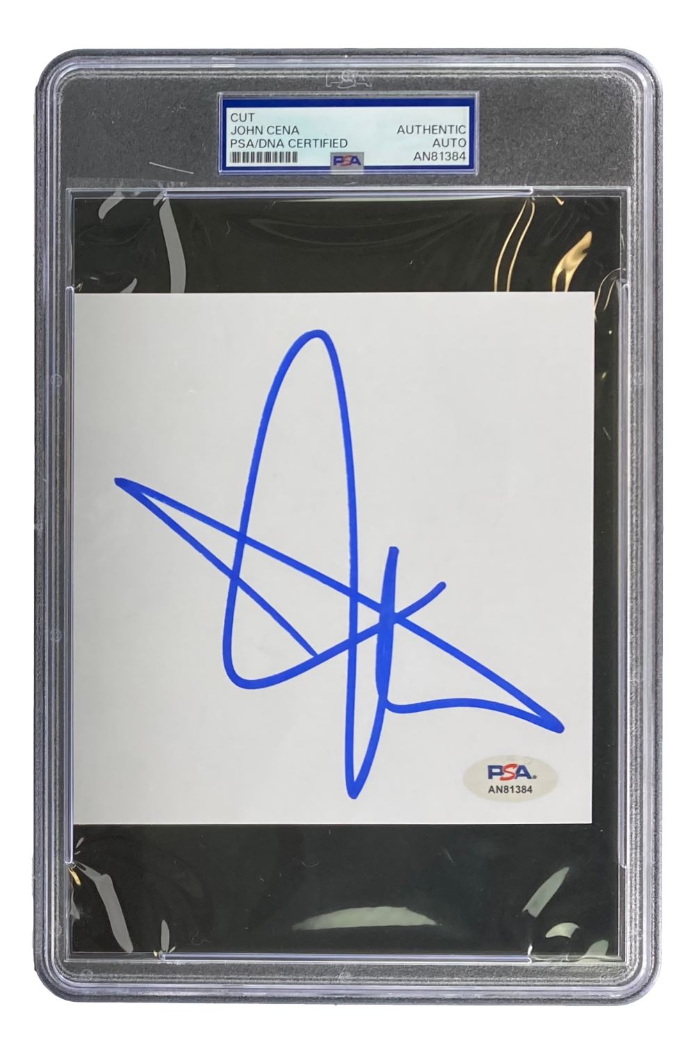 A John Cena Signed Slabbed WWE Cut Signature (PSA AN81384) by Sports Integrity features a large blue autograph on a white card. The card is sealed in a clear PSA holder labeled with authentication details.