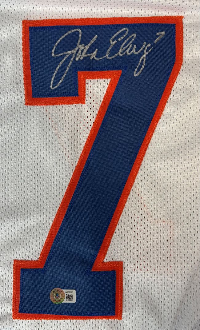 John Elway Denver Signed White Football Jersey BAS