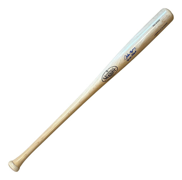 A tan Louisville Slugger bat signed by John Kruk, featuring blue ink near the logo, commemorates the '93 NL Champs. Offered by Sports Integrity and authenticated by BAS for Phillies fans.