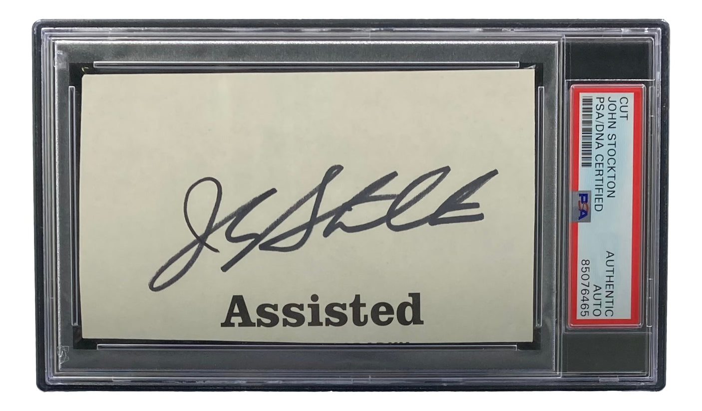 A John Stockton Utah Jazz Signed Slabbed Book Cut Signature, authenticated by PSA/DNA and offered by Sports Integrity.