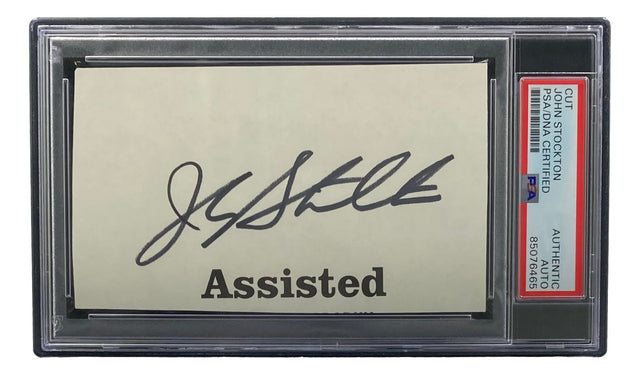 A John Stockton Utah Jazz Signed Slabbed Book Cut Signature, authenticated by PSA/DNA and offered by Sports Integrity.