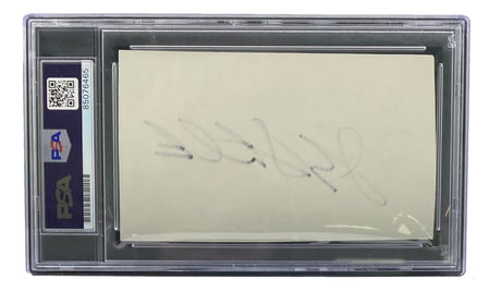 A John Stockton Utah Jazz signed slabbed book cut signature by Sports Integrity is showcased in a PSA/DNA autograph slab with PSA labels on the left, featuring an illegible gray pencil signature on a white index card in a clear protective case.