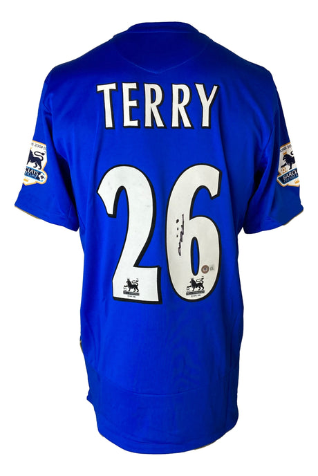 A John Terry Signed Chelsea FC Centenary Soccer Jersey by Sports Integrity, featuring his name and number 26 in white on the back with Premier League sleeve patches.
