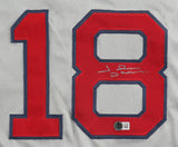 Sports Integrity Johnny Damon Boston Signed Gray Baseball Jersey: red number 18 with blue outline, white signature on the 8, and a small authentication sticker with QR code below the signature.
