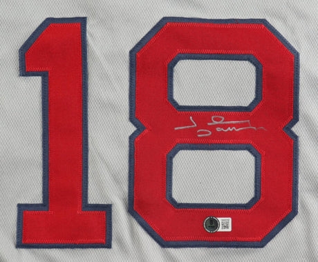 Sports Integrity Johnny Damon Boston Signed Gray Baseball Jersey: red number 18 with blue outline, white signature on the 8, and a small authentication sticker with QR code below the signature.
