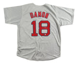 A Sports Integrity Johnny Damon Boston Signed Gray Baseball Jersey BAS, laid flat to display DAMON and the number 18 in red with blue outline on the back.
