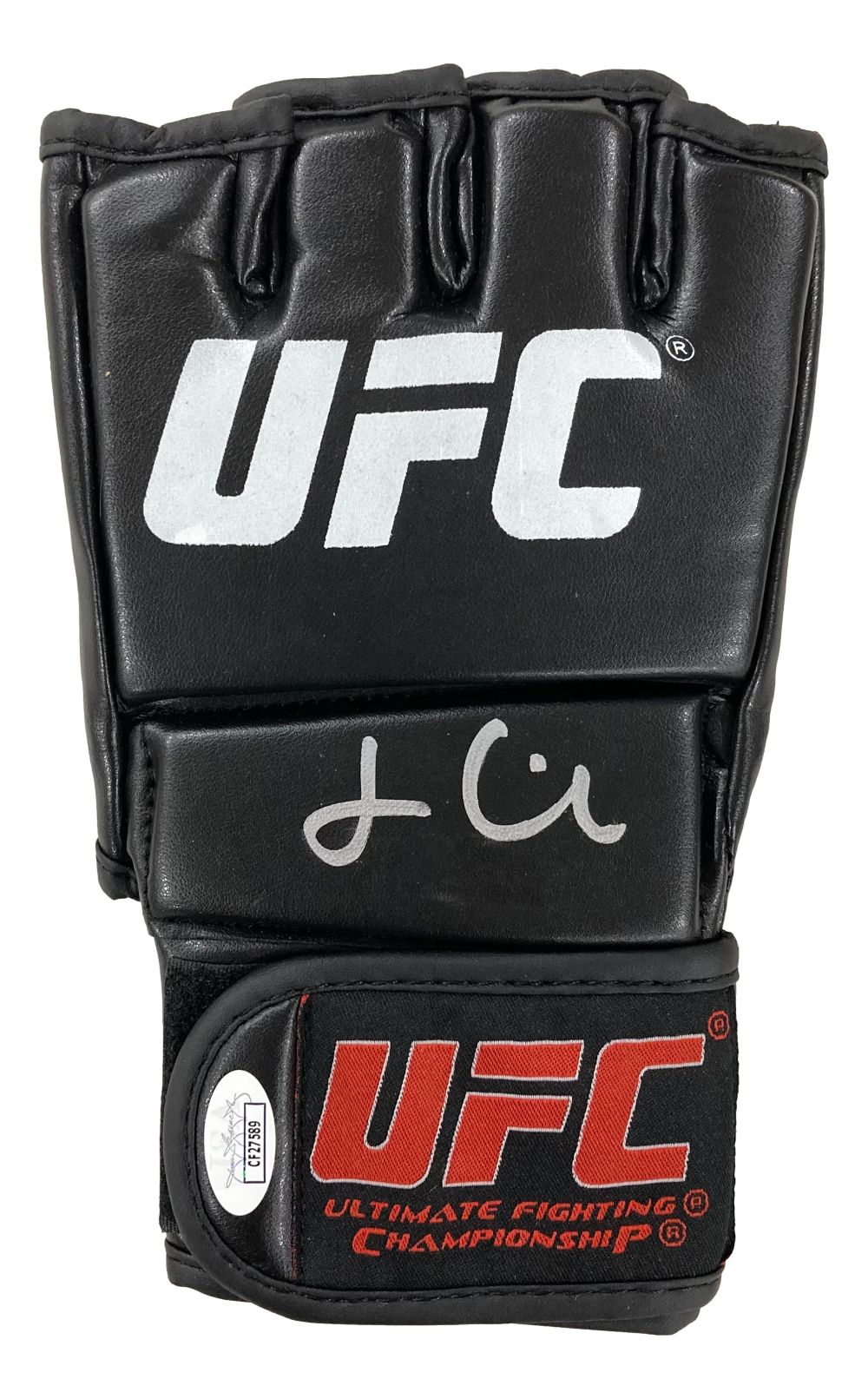 The Jon Anik Signed UFC Fight Glove by Sports Integrity features a black glove with "UFC" in white on top, "Ultimate Fighting Championship" in red on the wrist strap, and Jon Anik's white autograph. Comes with a JSA Hologram.