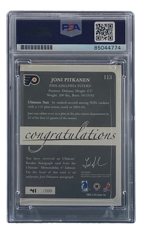 Joni Pitkanen Signed 2004 Ultimate #113 Philadelphia Flyers Hockey Card PSA/DNA - Sports Integrity