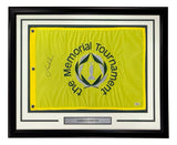 Sports Integrity Jordan Spieth Signed Framed The Memorial Tournament Golf Flag with PSA/DNA Hologram, featuring a yellow flag with black and green tournament logo, Spieth’s black signature on the left, and a name plaque below.