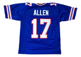 The Sports Integrity Josh Allen Buffalo Blue Football Jersey features the name ALLEN and number 17 in white with red trim on the back, plus red, white, and blue sleeve stripes.