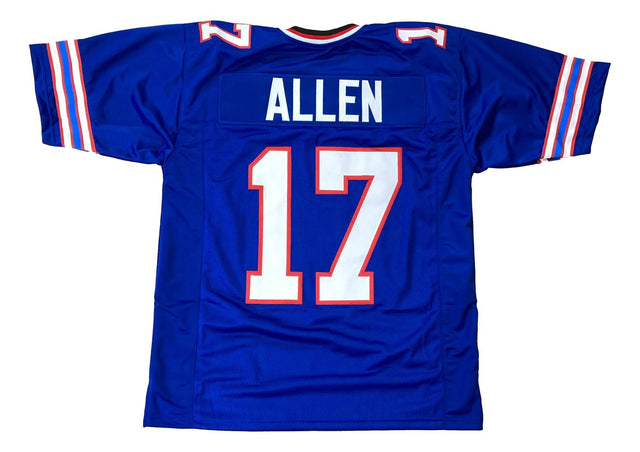 The Sports Integrity Josh Allen Buffalo Blue Football Jersey features the name ALLEN and number 17 in white with red trim on the back, plus red, white, and blue sleeve stripes.