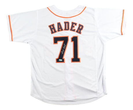 The Sports Integrity Josh Hader Houston Signed White Baseball Jersey features orange trim, "HADER" and #71 in black and orange on the back, with Hader’s signature on the number.