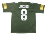 The Sports Integrity Josh Jacobs Green Bay Signed Green Football Jersey BAS features yellow and white sleeve stripes, “JACOBS” and number 8 on the back, with the number 8 autographed in black marker.
