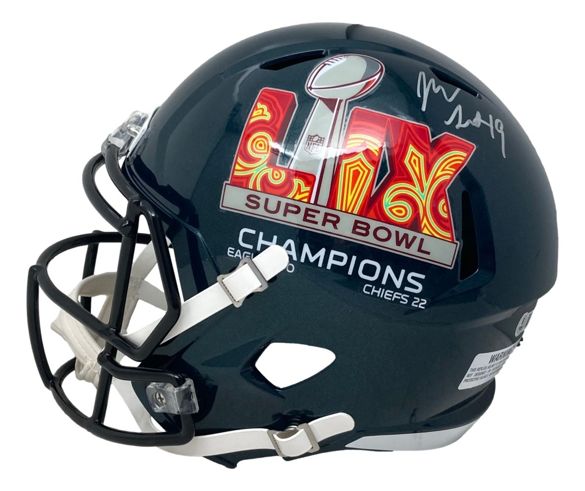 The Sports Integrity Josh Sweat Signed Philadelphia Eagles FS Super Bowl LIX Replica Helmet features Sweat's signature in silver on top and Super Bowl 59 details.