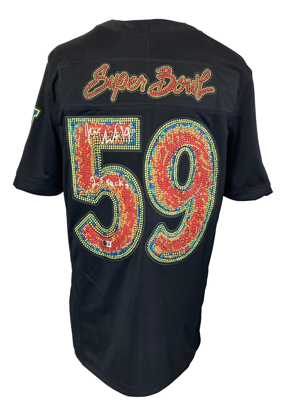 The Sports Integrity Josh Sweat Signed Eagles Super Bowl 59 LIX Nike Limited Jersey features signatures, commemorative patches, and bold, rhinestone-accented "59" numbers on the back.