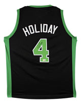 A Sports Integrity Jrue Holiday Boston black basketball jersey with green trim, number 4 and "HOLIDAY" on the back, signed and authenticated by BAS.