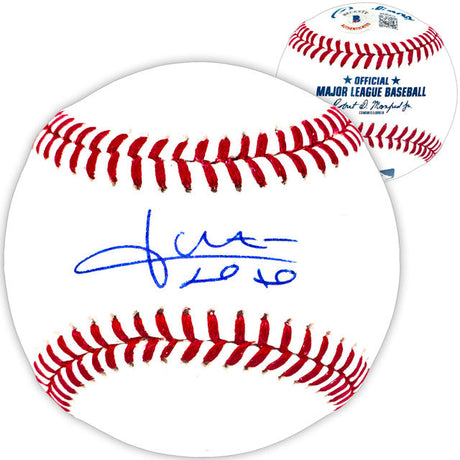 This Sports Integrity Juan Soto New York Mets Signed Official MLB Baseball (BAS) features blue signature and "20 20" inscription on a classic ball with red stitching; background shows an MLB logo ball with commissioner's signature.