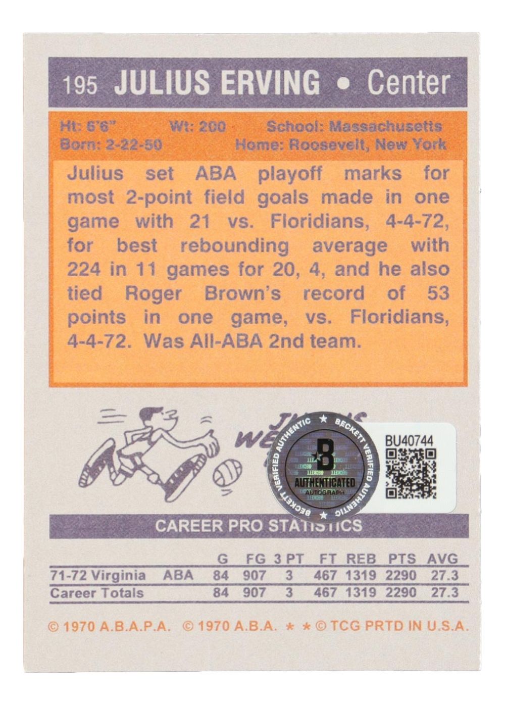 Dr. J Julius Erving Signed Reprint 1972/73 Topps #195 Rookie Card BAS