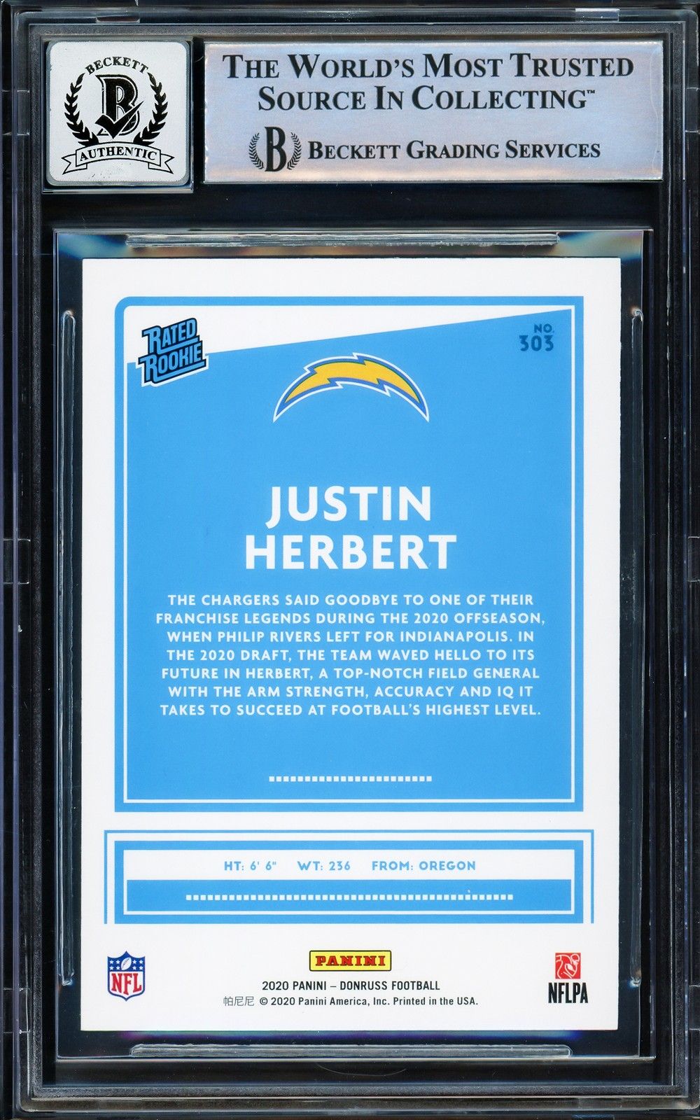 Justin Hebert Signed 2020 Donruss #303 Chargers Rookie Card BAS Auto 10
