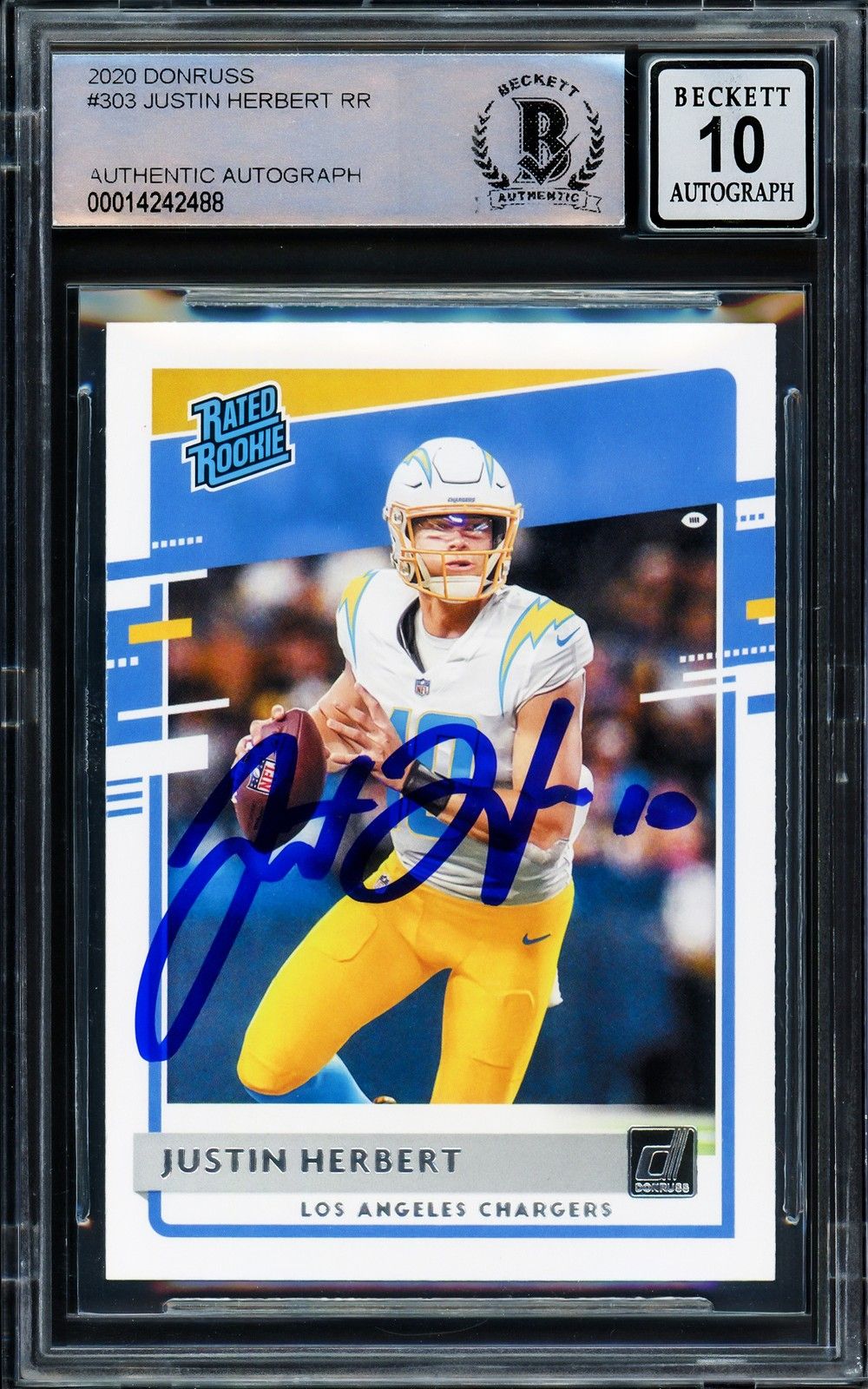 Justin Hebert Signed 2020 Donruss #303 Chargers Rookie Card BAS Auto 10