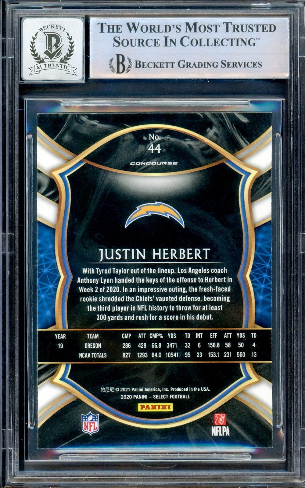 Justin Hebert Signed 2020 Panini Select #44 Chargers Rookie Card BAS Auto 10