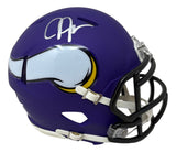A Justin Jefferson Signed Minnesota Vikings Mini Speed Helmet by Sports Integrity, featuring a purple shell with a white horn logo and silver autograph, shown from a side angle.