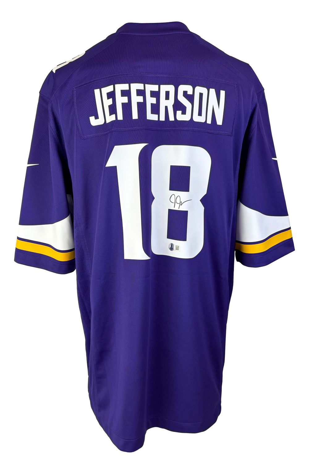 The Sports Integrity Justin Jefferson Signed Minnesota Vikings Nike Game Jersey BAS features “Jefferson” and the number 18, with white and yellow sleeve accents and an autograph on the number.