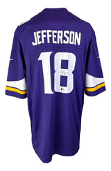 The Sports Integrity Justin Jefferson Signed Minnesota Vikings Nike Game Jersey BAS features “Jefferson” and the number 18, with white and yellow sleeve accents and an autograph on the number.