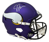 The Justin Jefferson Signed Minnesota Vikings Full Size Replica Speed Helmet by Sports Integrity features a purple shell with white and yellow Viking horn logo, white facemask, and Jefferson's autograph on top.