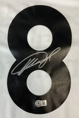 A Kaka Signed Real Madrid White Adidas Soccer Jersey by Sports Integrity features a large black number 8 printed on white mesh, autographed in silver ink with a BAS authentication sticker below the signature.