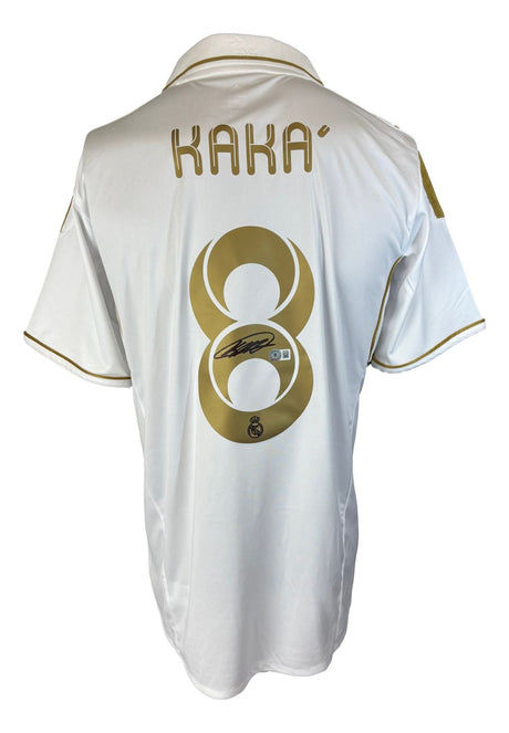 A Kaka Signed Real Madrid White Adidas Soccer Jersey (#8, gold lettering) by Sports Integrity, featuring an autograph on the number.