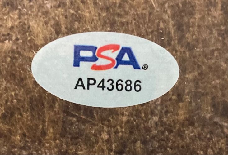 A Kane Brown Signed The High Road Vinyl Record Cover by Sports Integrity features a white oval PSA/DNA sticker with blue and red letters above the code AP43686 on a brown textured surface.