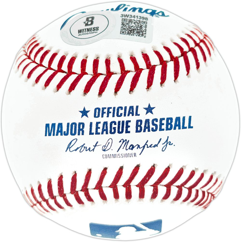 A close-up of a Sports Integrity Ken Griffey Jr. Seattle Mariners Signed Official MLB Baseball, featuring red stitching, MLB logo, "OFFICIAL MAJOR LEAGUE BASEBALL," and Ken Griffey Jr.'s autograph.