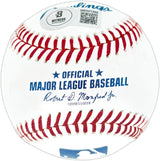 A close-up of a Sports Integrity Ken Griffey Jr. Seattle Mariners Signed Official MLB Baseball, featuring red stitching, MLB logo, "OFFICIAL MAJOR LEAGUE BASEBALL," and Ken Griffey Jr.'s autograph.