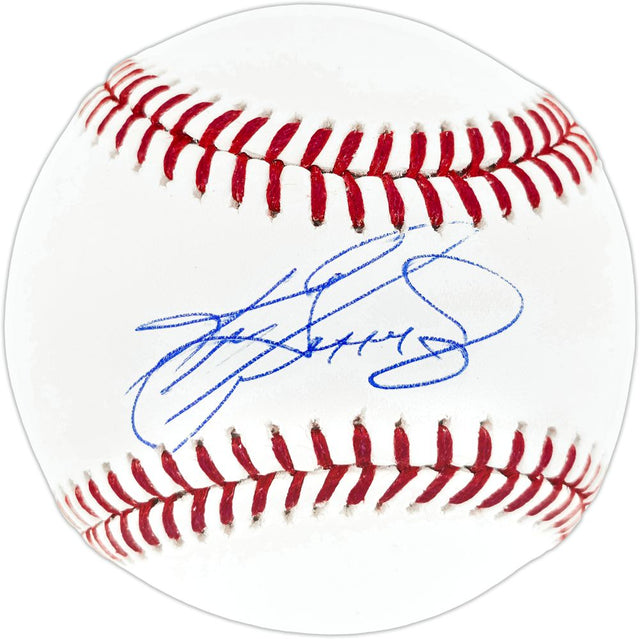 A Ken Griffey Jr. Seattle Mariners Official MLB baseball by Sports Integrity, signed in blue and authenticated by BAS, with white surface and red stitching.