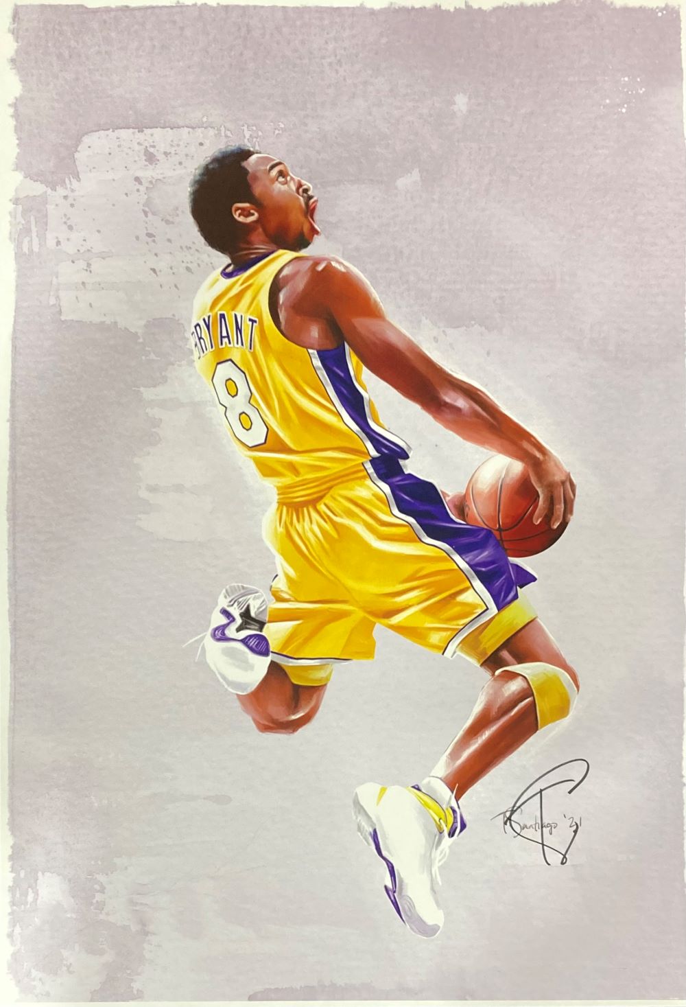 A vibrant Sports Integrity lithograph shows Kobe Bryant (#8) of the Lakers leaping mid-air for a slam dunk, signed by Tony Santiago. This 13x19 Los Angeles Lakers artwork celebrates his legendary legacy.