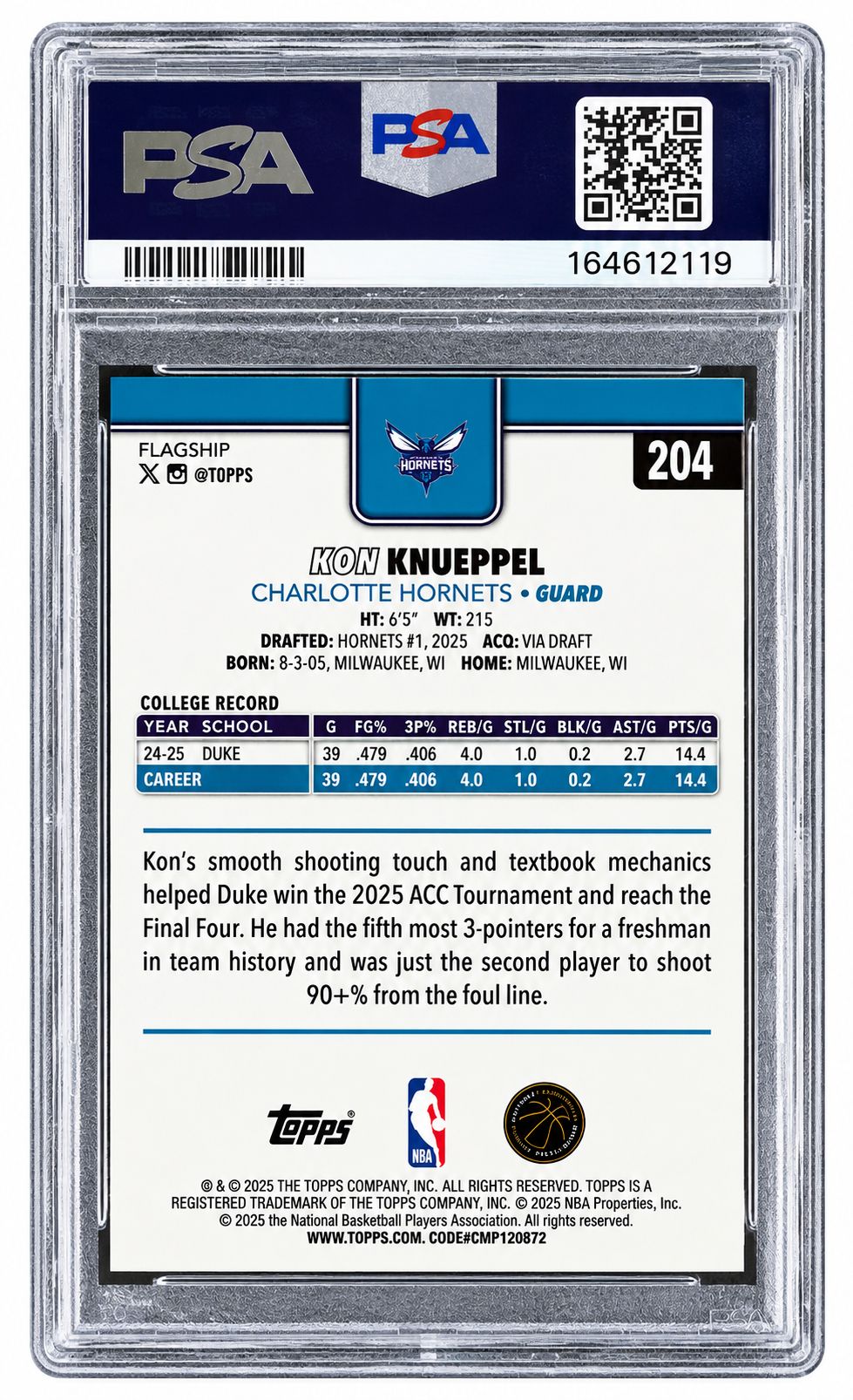 2025 Topps #204 Kon Knueppel Charlotte Hornets Rookie Card PSA Gem MT 10