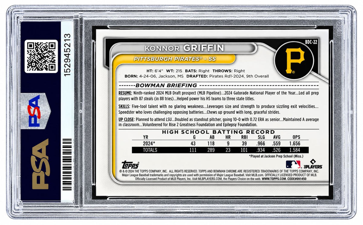 2024 Bowman Draft Chrome #BDC-22 Konnor Griffin Rookie Card CGC 10 Auto 10