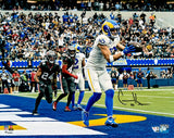 Cooper Kupp catches a pass in the end zone against the Buccaneers, with fans cheering, in this Sports Integrity Cooper Kupp Signed 16x20 Los Angeles Rams vs Tampa Bay Buccaneers Photo from Fanatics.