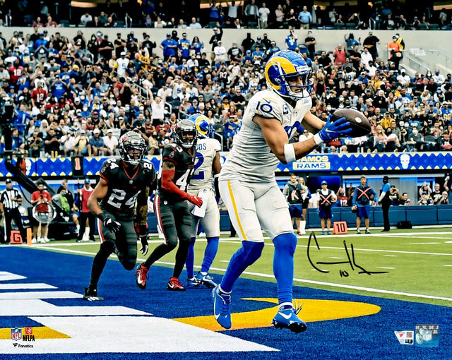 Cooper Kupp catches a pass in the end zone against the Buccaneers, with fans cheering, in this Sports Integrity Cooper Kupp Signed 16x20 Los Angeles Rams vs Tampa Bay Buccaneers Photo from Fanatics.