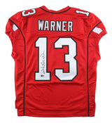 The Sports Integrity Kurt Warner Arizona Signed Red Pro-Cut Football Jersey BAS features "WARNER" and number 13 in white/black, with the number autographed in black marker on the lower left back.