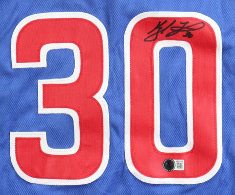 Kyle Tucker Chicago Signed Blue Baseball Jersey by Sports Integrity featuring a large red and white number 30; black marker signature on the upper 0, plus a QR code and authentication sticker at the bottom of the 0.