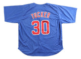 The Sports Integrity Kyle Tucker Chicago Signed Blue Baseball Jersey BAS is blue with red and white trim, features TUCKER and the number 30 on the back, and includes a signature on the number zero.