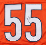 The Sports Integrity Lance Briggs Chicago Signed Orange Football Jersey features a large white number 55 outlined in blue and includes a signature on the first 5, authenticated by JSA Hologram.