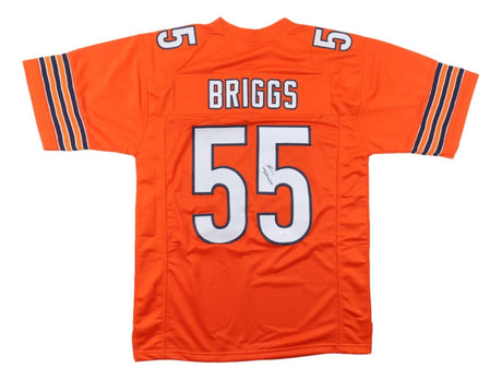 The Sports Integrity Lance Briggs Chicago Signed Orange Football Jersey features blue and white striped sleeves, "BRIGGS" and 55 on the back, plus a JSA-certified signature on one number.