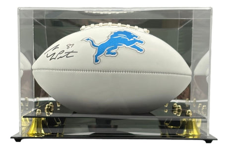 The Sports Integrity Sam LaPorta Signed Detroit Lions Logo Football is displayed in a clear case with black and gold accents.