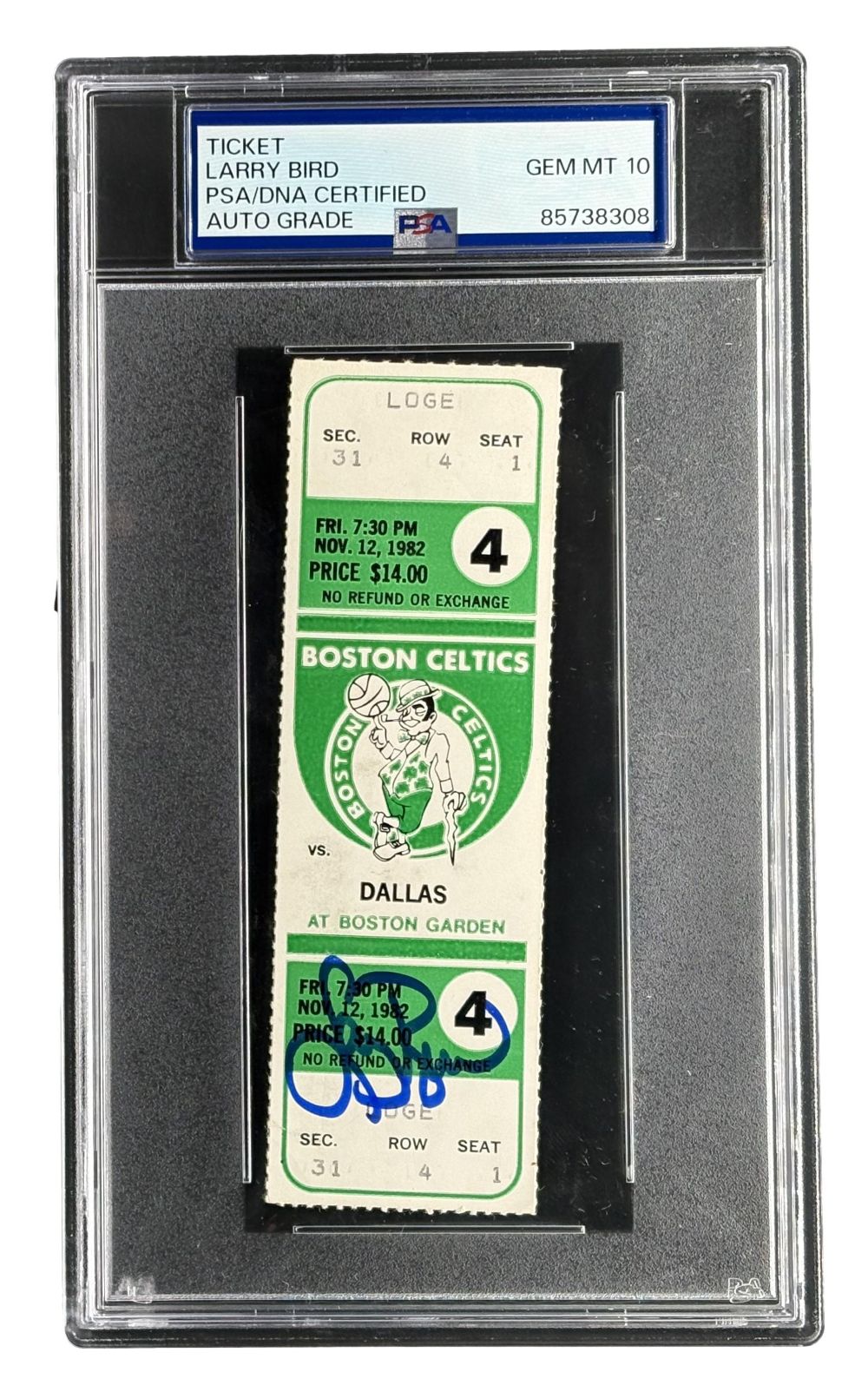 Larry Bird Signed Celtics vs Dallas Nov 12 1982 Ticket Stub PSA Auto Gem MT 10
