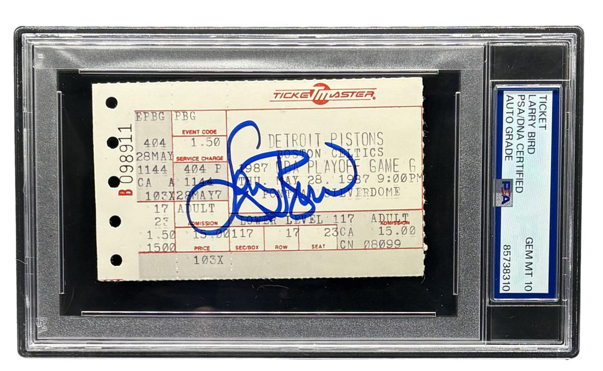 Larry Bird Signed Celtics vs Pistons 1987 Gm 6 Ticket Stub 2 PSA Auto Gem MT 10